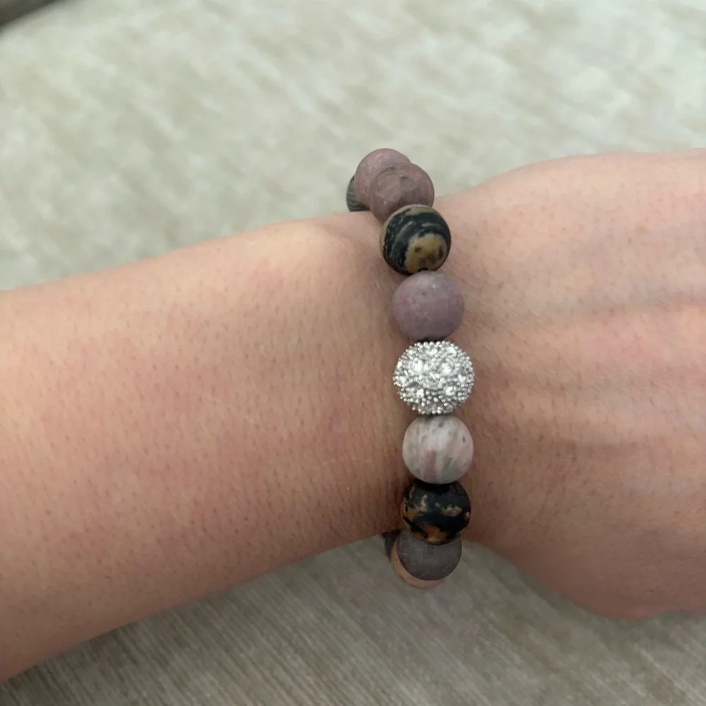 Handmade Matte Rhodonite Beaded Stretch Bracelet with Rhinestone Centerpiece